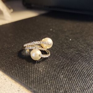 Gold and Cream Pearl Ring with Modern Design....size 7 Ring